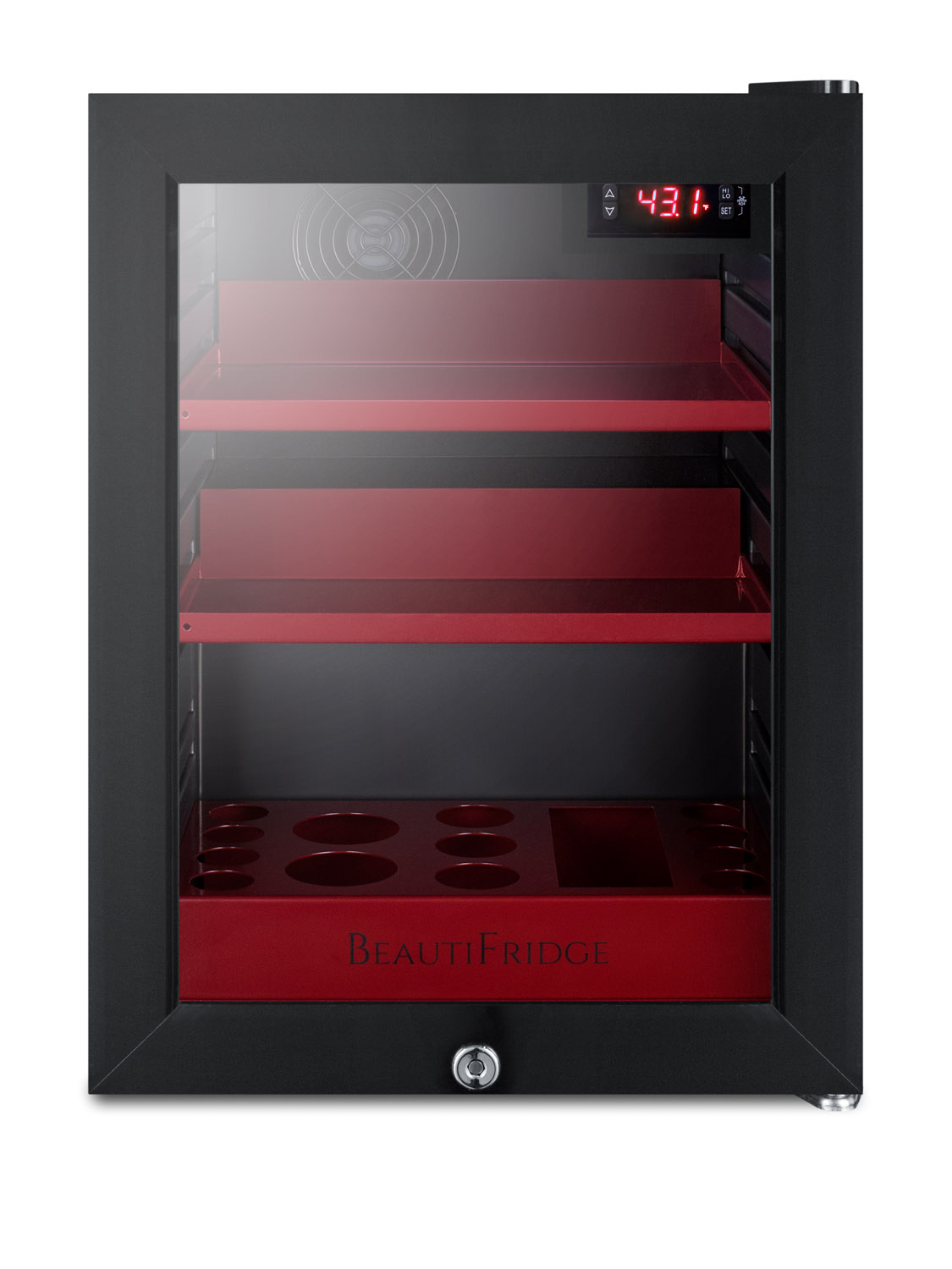 BeautiFridge compact cosmetics cooler with glass door, black cabinet, lock, glossy ruby-colored shelves, and digital controls set for the storage of beauty products